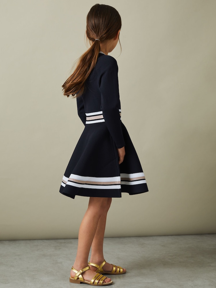 Reiss Navy Fallon 4-9 yrs Sparkle Trim Knitted Skater Dress - Image 1 of 4