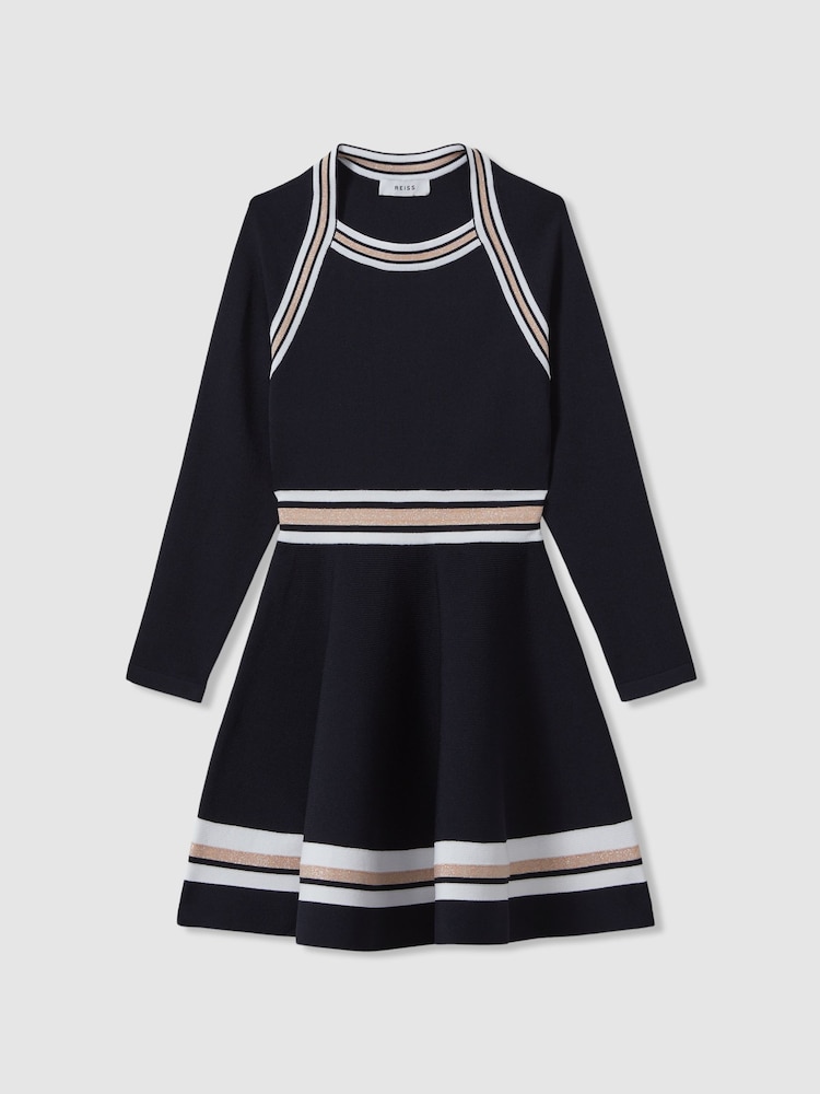 Reiss Navy Fallon 4-9 yrs Sparkle Trim Knitted Skater Dress - Image 2 of 4