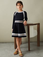 Reiss Navy Fallon 4-9 yrs Sparkle Trim Knitted Skater Dress - Image 3 of 4