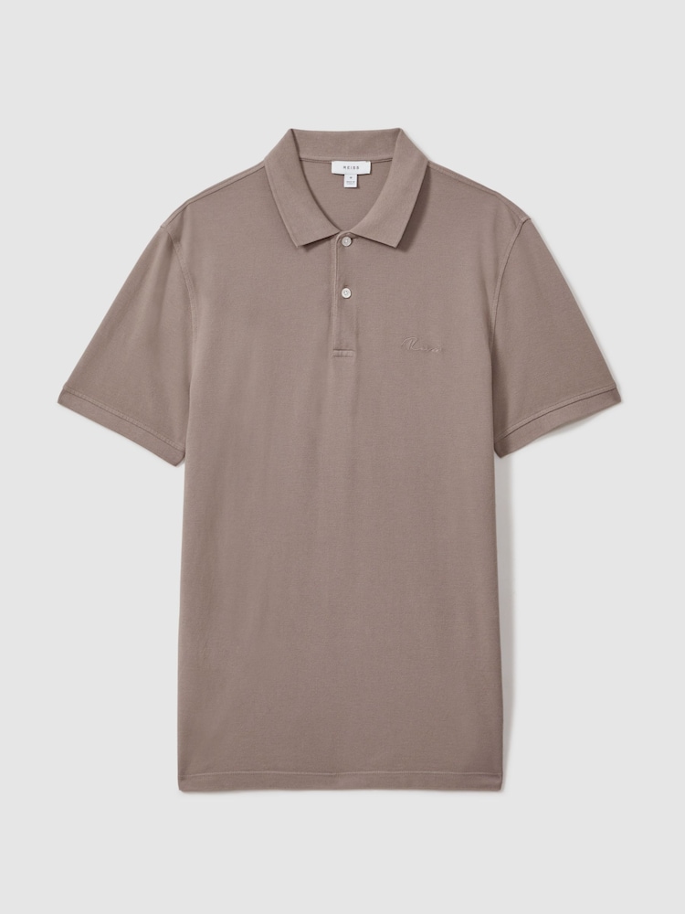 Reiss Dark Taupe Peters Slim Fit Garment Dyed Embroidered Polo Shirt - Image 2 of 6