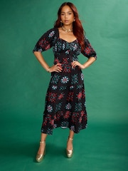 Another Sunday Milkmaid Midi Dress With Lace Trim Detail In Black Geo Print - Image 1 of 6