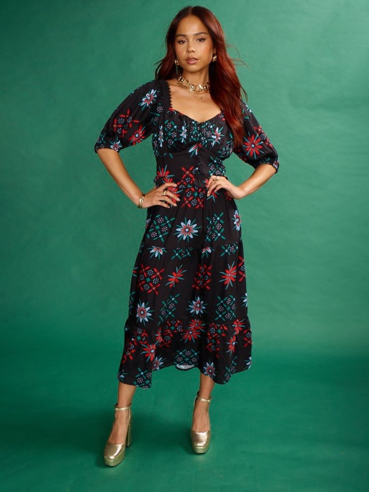 Another Sunday Milkmaid Midi Dress With Lace Trim Detail In Black Geo Print - Image 1 of 6