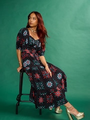 Another Sunday Milkmaid Midi Dress With Lace Trim Detail In Black Geo Print - Image 2 of 6