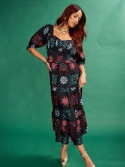 Another Sunday Milkmaid Midi Dress With Lace Trim Detail In Black Geo Print - Image 3 of 6