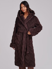 Loungeable Brown Chevron Luxury Plush Fleece Midi Hooded Dressing Gown - Image 1 of 5