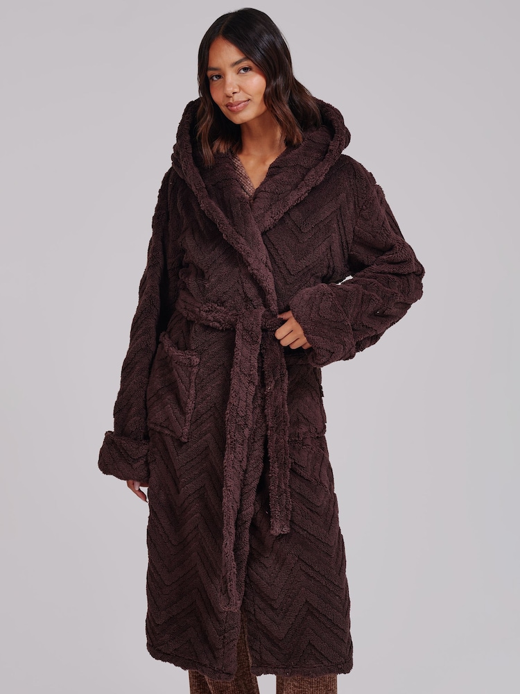 Loungeable Brown Chevron Luxury Plush Fleece Midi Hooded Dressing Gown - Image 1 of 5 Loungeable Brown Chevron Luxury Plush Fleece Midi Hooded Dressing Gown - Image 1 of 5