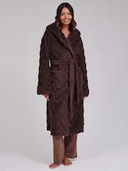 Loungeable Brown Chevron Luxury Plush Fleece Midi Hooded Dressing Gown - Image 2 of 5