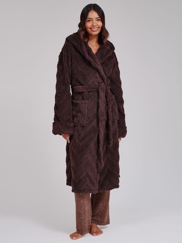 Loungeable Brown Chevron Luxury Plush Fleece Midi Hooded Dressing Gown - Image 2 of 5 Loungeable Brown Chevron Luxury Plush Fleece Midi Hooded Dressing Gown - Image 2 of 5