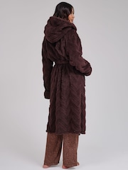 Loungeable Brown Chevron Luxury Plush Fleece Midi Hooded Dressing Gown - Image 3 of 5