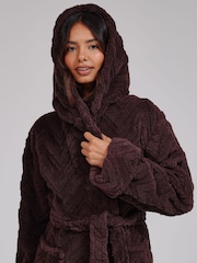 Loungeable Brown Chevron Luxury Plush Fleece Midi Hooded Dressing Gown - Image 5 of 5