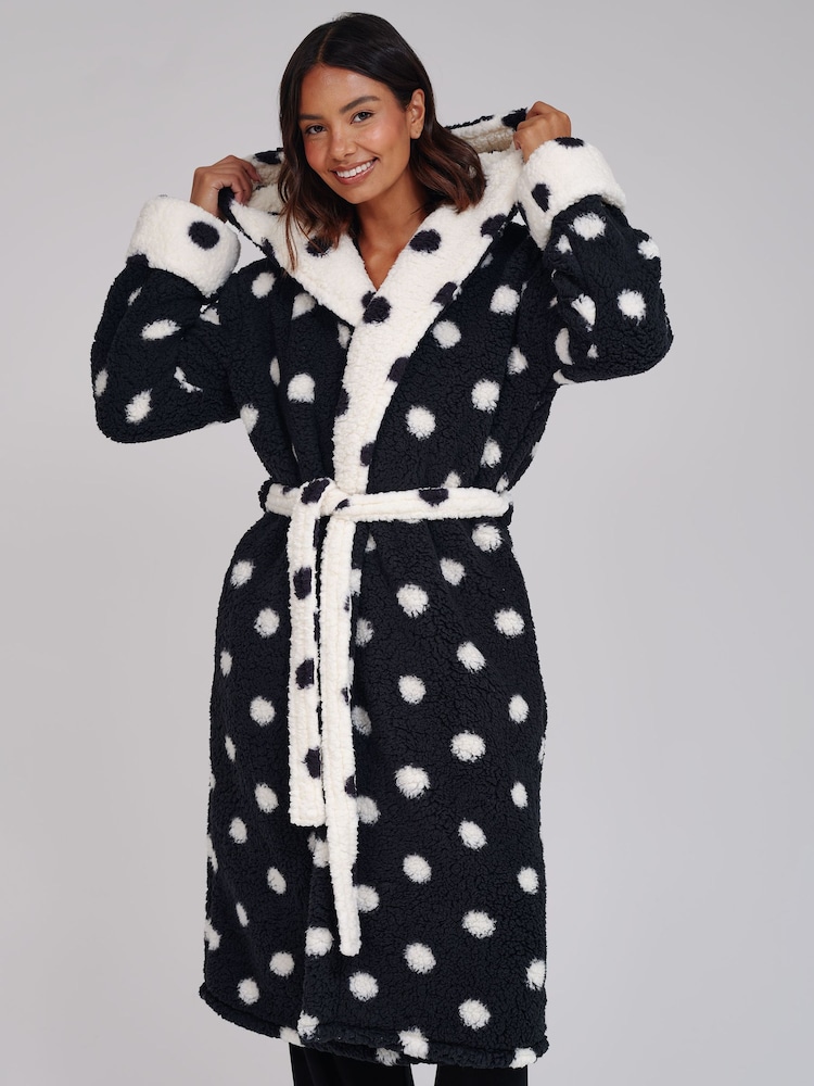Loungeable White Polka Dot Contrast Cosy Borg Fleece Midi Hooded Dressing Gown - Image 1 of 6 Loungeable White Polka Dot Contrast Cosy Borg Fleece Midi Hooded Dressing Gown - Image 1 of 6
