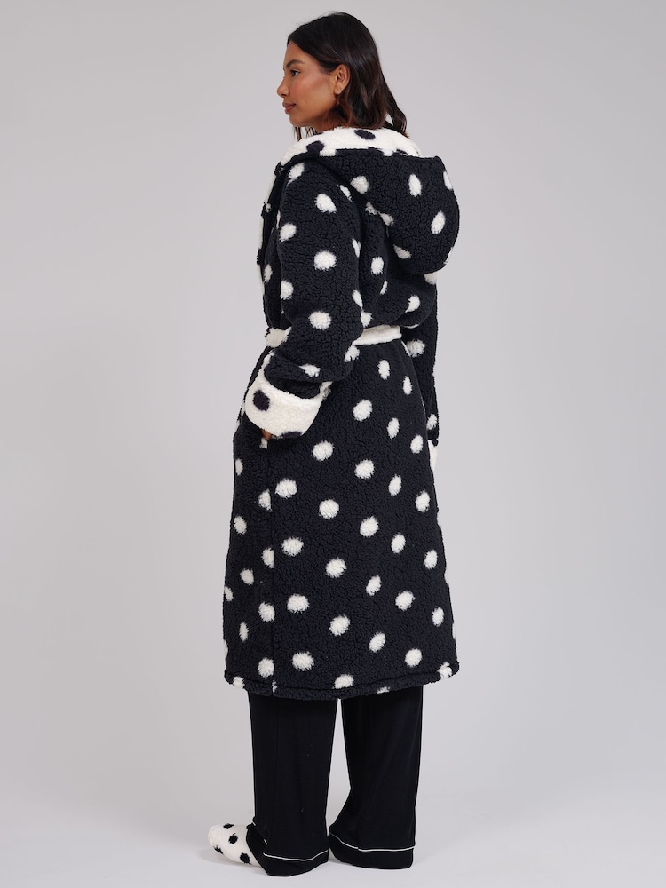 Loungeable White Polka Dot Contrast Cosy Borg Fleece Midi Hooded Dressing Gown - Image 2 of 6 Loungeable White Polka Dot Contrast Cosy Borg Fleece Midi Hooded Dressing Gown - Image 2 of 6