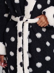 Loungeable White Polka Dot Contrast Cosy Borg Fleece Midi Hooded Dressing Gown - Image 3 of 6