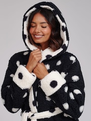 Loungeable White Polka Dot Contrast Cosy Borg Fleece Midi Hooded Dressing Gown - Image 4 of 6