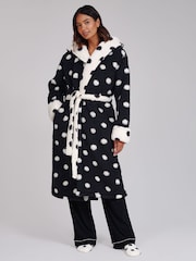 Loungeable White Polka Dot Contrast Cosy Borg Fleece Midi Hooded Dressing Gown - Image 5 of 6