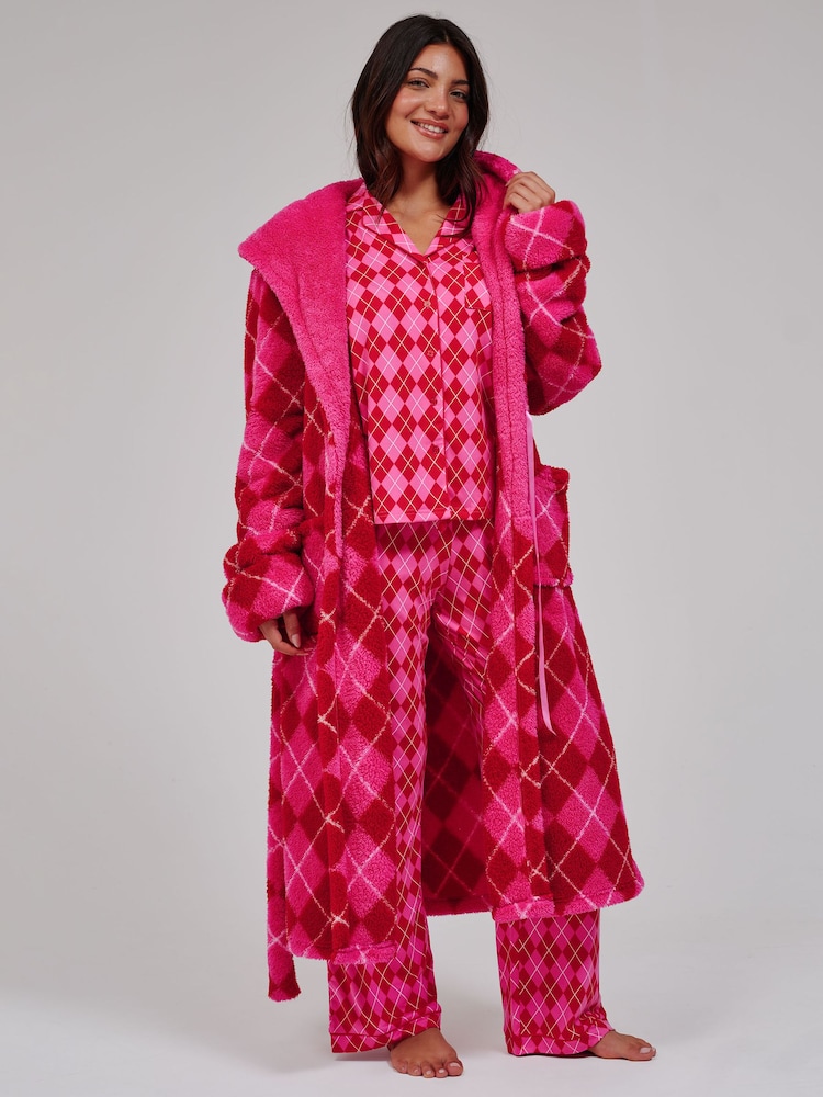 Loungeable Pink Argyle Cosy Borg Fleece Hooded Dressing Gown - Image 1 of 6 Loungeable Pink Argyle Cosy Borg Fleece Hooded Dressing Gown - Image 1 of 6