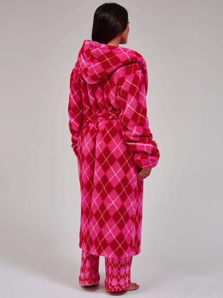 Loungeable Pink Argyle Cosy Borg Fleece Hooded Dressing Gown - Image 2 of 6 Loungeable Pink Argyle Cosy Borg Fleece Hooded Dressing Gown - Image 2 of 6