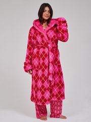 Loungeable Pink Argyle Cosy Borg Fleece Hooded Dressing Gown - Image 3 of 6