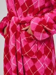 Loungeable Pink Argyle Cosy Borg Fleece Hooded Dressing Gown - Image 5 of 6