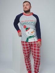Harry Bear Grey/Red Mens Snowman 100% Cotton Pyjamas - Image 1 of 4