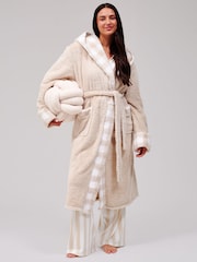 Loungeable Cream Gingham Trim Luxury Fleece Midi Hooded Dressing Gown - Image 1 of 6