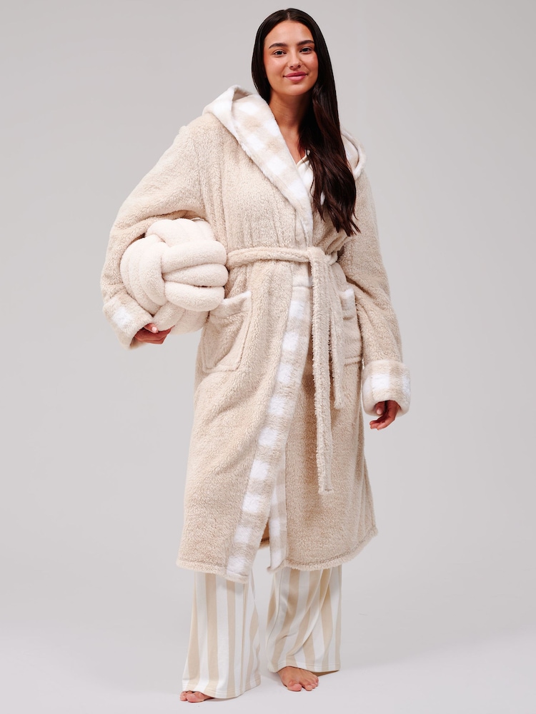 Loungeable Cream Gingham Trim Luxury Fleece Midi Hooded Dressing Gown - Image 1 of 6 Loungeable Cream Gingham Trim Luxury Fleece Midi Hooded Dressing Gown - Image 1 of 6