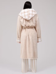 Loungeable Cream Gingham Trim Luxury Fleece Midi Hooded Dressing Gown - Image 2 of 6