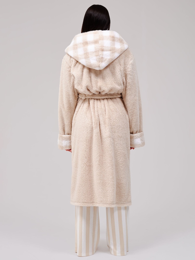Loungeable Cream Gingham Trim Luxury Fleece Midi Hooded Dressing Gown - Image 2 of 6 Loungeable Cream Gingham Trim Luxury Fleece Midi Hooded Dressing Gown - Image 2 of 6