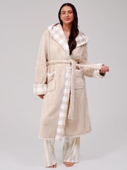 Loungeable Cream Gingham Trim Luxury Fleece Midi Hooded Dressing Gown - Image 3 of 6