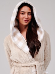 Loungeable Cream Gingham Trim Luxury Fleece Midi Hooded Dressing Gown - Image 4 of 6