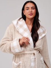 Loungeable Cream Gingham Trim Luxury Fleece Midi Hooded Dressing Gown - Image 6 of 6