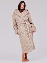 Loungeable Taupe Brown Chevron Luxury Plush Fleece Midi Hooded Dressing Gown - Image 1 of 4