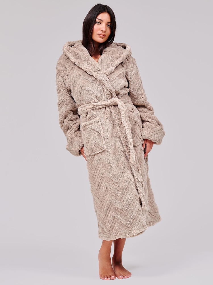 Loungeable Taupe Brown Chevron Luxury Plush Fleece Midi Hooded Dressing Gown - Image 1 of 4