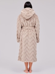 Loungeable Taupe Brown Chevron Luxury Plush Fleece Midi Hooded Dressing Gown - Image 2 of 4