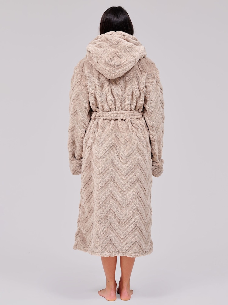 Loungeable Taupe Brown Chevron Luxury Plush Fleece Midi Hooded Dressing Gown - Image 2 of 4