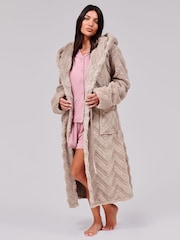 Loungeable Taupe Brown Chevron Luxury Plush Fleece Midi Hooded Dressing Gown - Image 3 of 4
