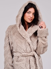 Loungeable Taupe Brown Chevron Luxury Plush Fleece Midi Hooded Dressing Gown - Image 4 of 4