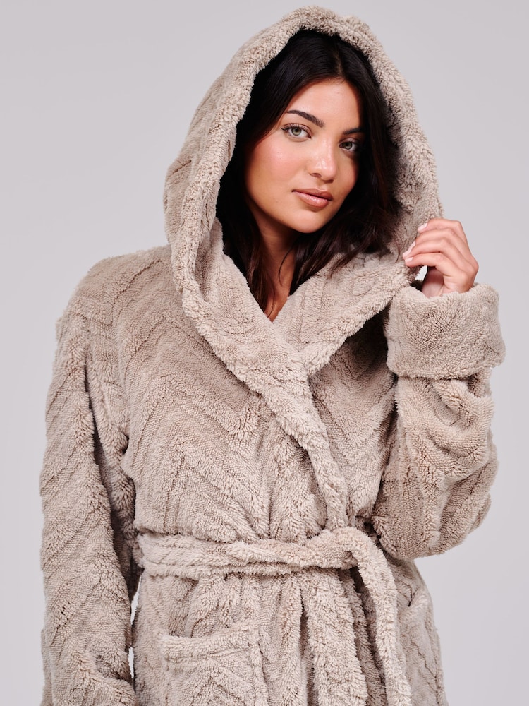 Loungeable Taupe Brown Chevron Luxury Plush Fleece Midi Hooded Dressing Gown - Image 4 of 4