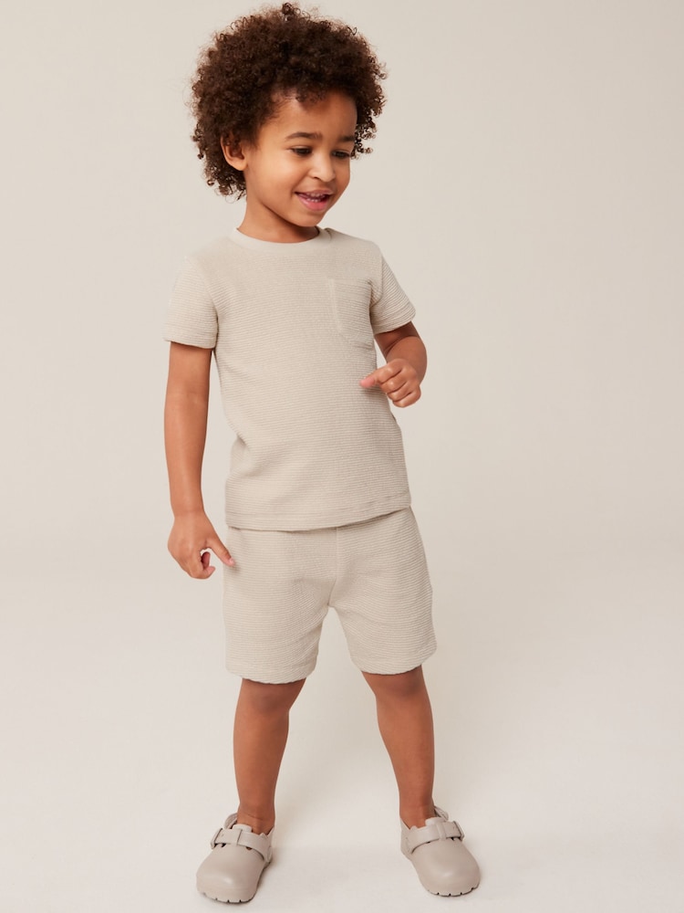 Neutral Textured Jersey Pocket T-Shirt and Shorts Set (3mths-7yrs) - Image 1 of 8