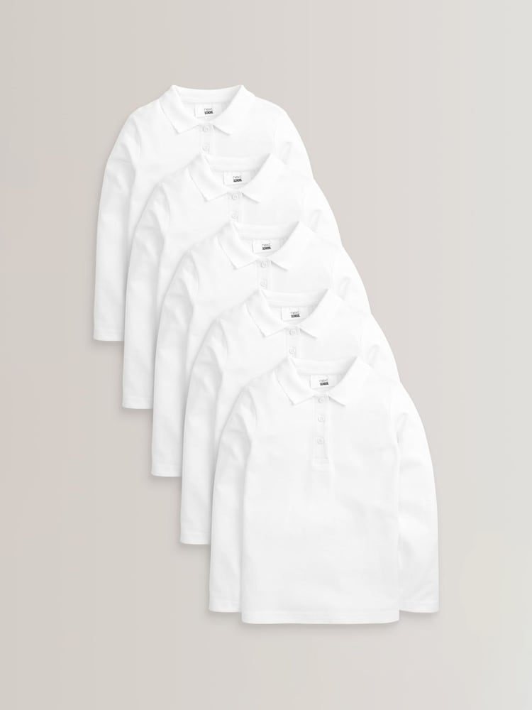 White Regular Fit 5 Pack 100% Cotton Long Sleeve School Polo Shirts (3-16yrs) - Image 1 of 4
