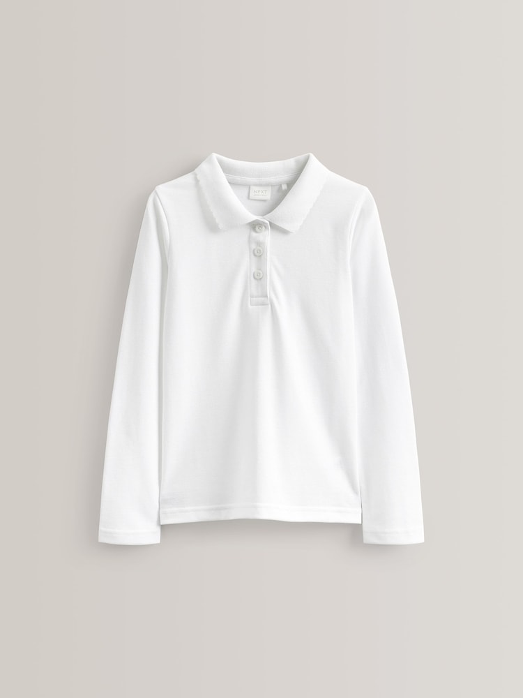 White Regular Fit 5 Pack 100% Cotton Long Sleeve School Polo Shirts (3-16yrs) - Image 2 of 4