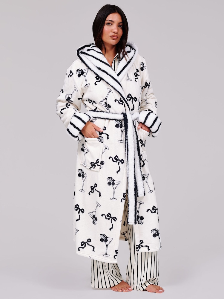 Loungeable White Martini Bow Luxury Fleece Midi Hooded Dressing Gown - Image 1 of 5 Loungeable White Martini Bow Luxury Fleece Midi Hooded Dressing Gown - Image 1 of 5