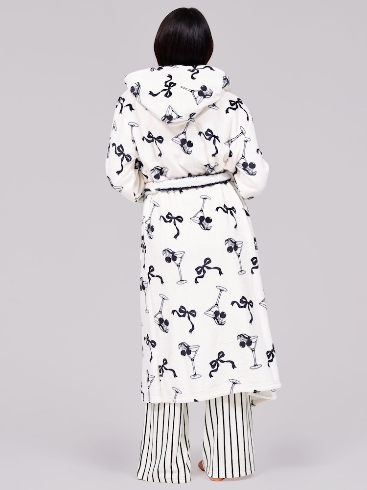 Loungeable White Martini Bow Luxury Fleece Midi Hooded Dressing Gown - Image 2 of 5 Loungeable White Martini Bow Luxury Fleece Midi Hooded Dressing Gown - Image 2 of 5