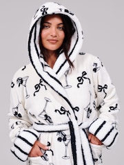 Loungeable White Martini Bow Luxury Fleece Midi Hooded Dressing Gown - Image 4 of 5