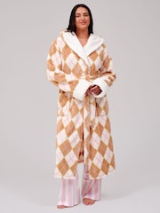 Loungeable Cream Argyle Cosy Borg Fleece Hooded Dressing Gown - Image 1 of 6