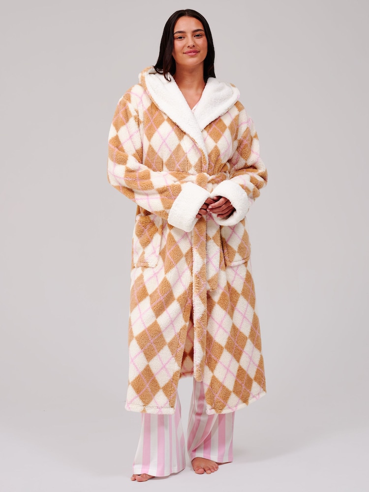 Loungeable Cream Argyle Cosy Borg Fleece Hooded Dressing Gown - Image 1 of 6 Loungeable Cream Argyle Cosy Borg Fleece Hooded Dressing Gown - Image 1 of 6