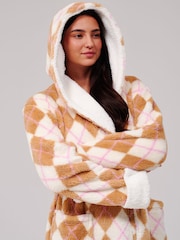 Loungeable Cream Argyle Cosy Borg Fleece Hooded Dressing Gown - Image 3 of 6