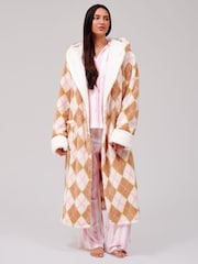 Loungeable Cream Argyle Cosy Borg Fleece Hooded Dressing Gown - Image 6 of 6