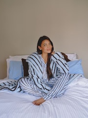 Loungeable Blue Pinstripe Cosy Borg Fleece Midi Hooded Dressing Gown - Image 1 of 4