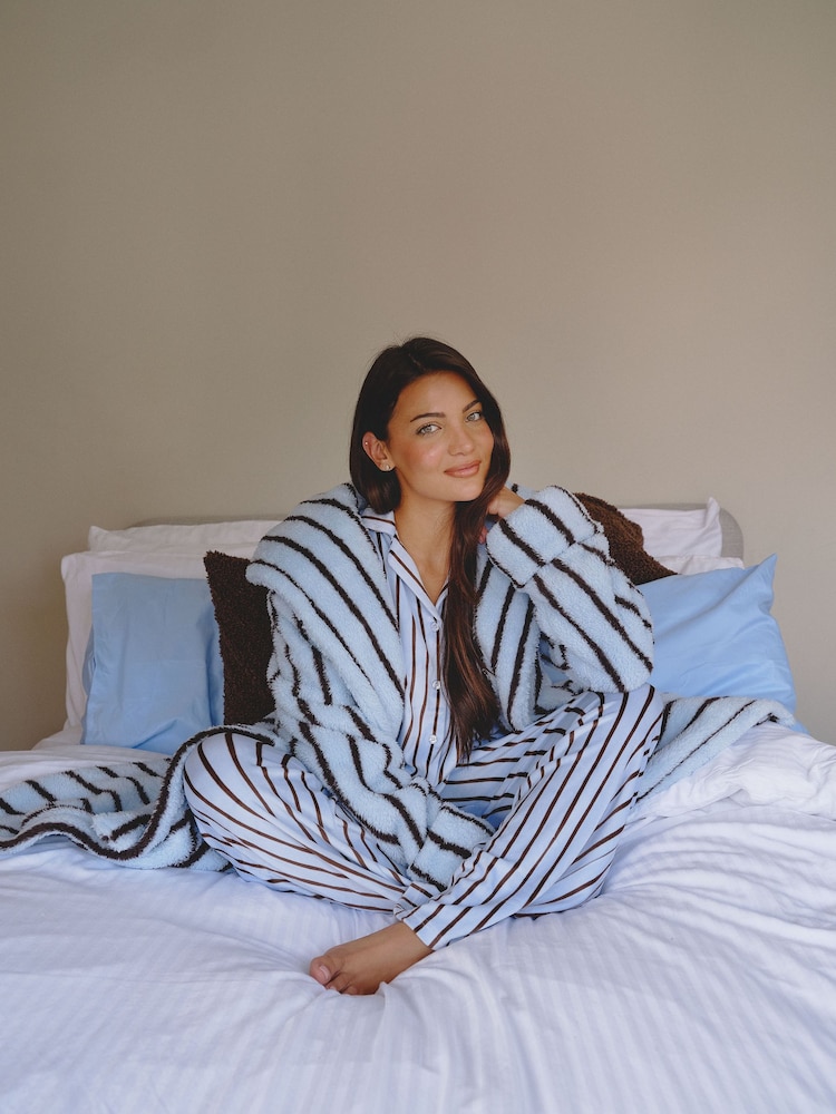 Loungeable Blue Pinstripe Cosy Borg Fleece Midi Hooded Dressing Gown - Image 1 of 4 Loungeable Blue Pinstripe Cosy Borg Fleece Midi Hooded Dressing Gown - Image 1 of 4
